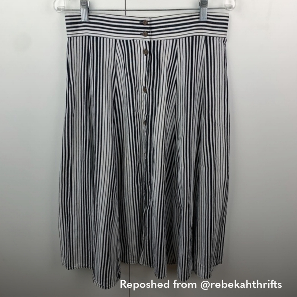 Universal Thread Cotton Linen Button Front Black White Striped Midi Skirt